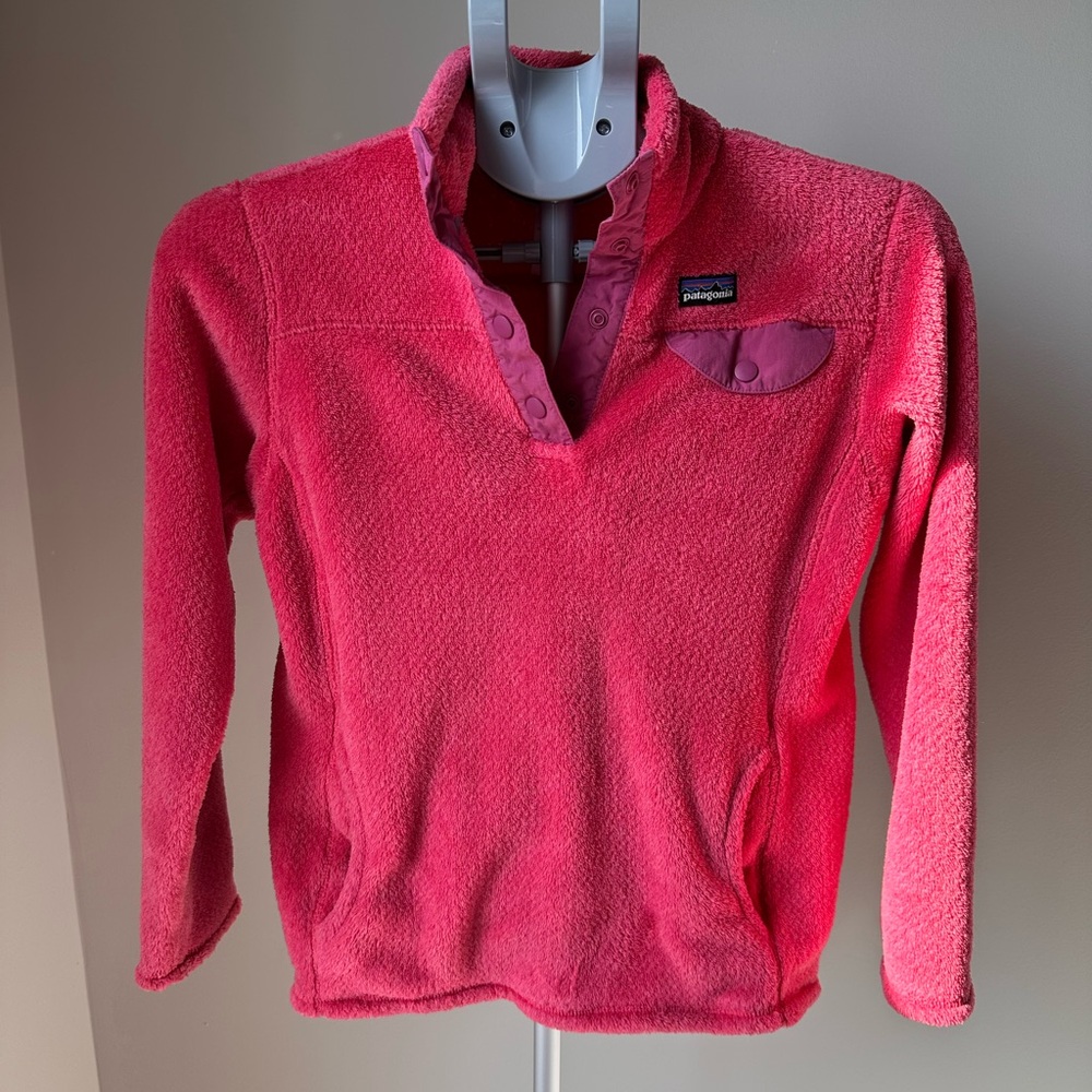 Patagonia Girls Large 12 Re-Tool Snap-T Fleece Pullover Pink Purple Trim Outdoor